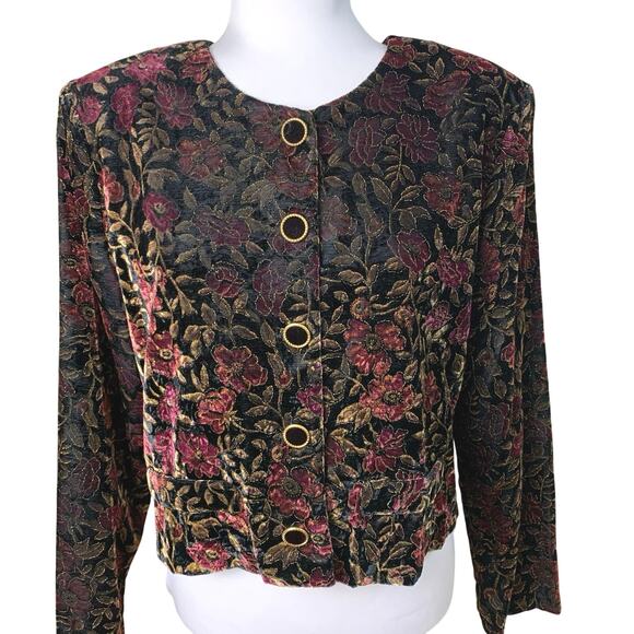 Vintage Size L Velvet Floral Print Crop Jacket Puff Sleeve Gold Etched - Picture 1 of 11